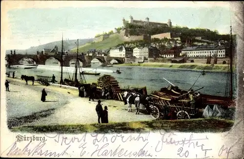 Ak Würzburg am Main Unterfranken, Panorama, Pferdekarren