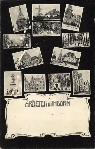Ak Hoorn Nordholland Niederlande, Hooftoren, Molenpad, Tribunal en Museum, Kaasmarkt, Stadhuis