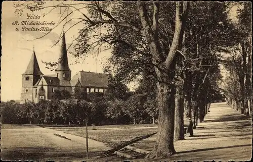 Ak Fulda in Osthessen, St. Michaelskirche und Paulus Allee