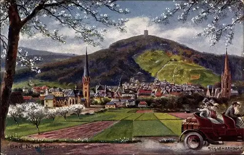 Künstler Ak Lanzendorf, Richard, Bad Nauheim im Wetteraukreis, Blick auf den Ort, Automobil, Kirche