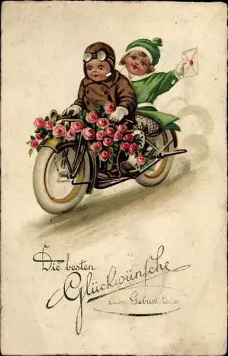 Präge Ak Glückwunsch Geburtstag, Motorrad, Rosen, Kinder