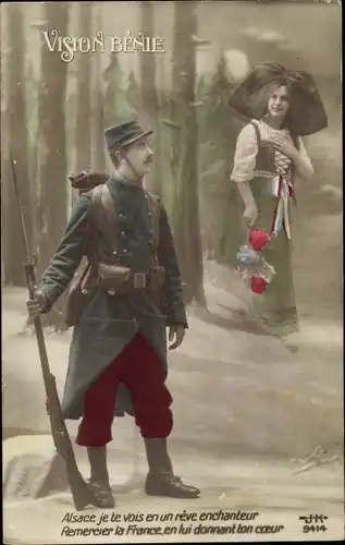 Ak Vision Benie, Elsässerin in Volkstracht, französischer Soldat in Uniform