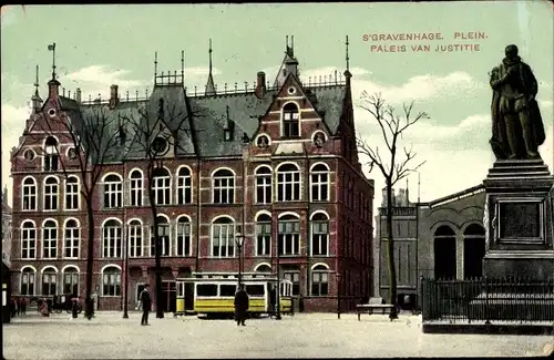 Ak 's Gravenhage Den Haag Südholland, Plein, Paleis van Justitie, Straßenbahn