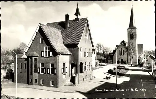 Ak Horn Limburg Niederlande, Gemeentehuis, R. K. Kerk