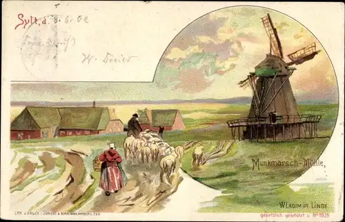 Künstler Litho Linde, Wladimir, Insel Sylt in Nordfriesland, Munkmarsch Mühle, Schafherde