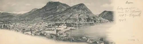 Klapp Ak Lugano Kanton Tessin Schweiz, Bergpanorama, Blick über See und Stadt