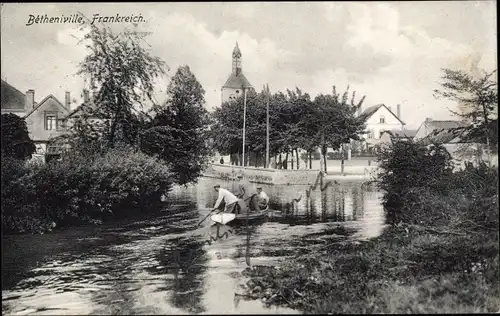 Ak Bétheniville Meurthe et Moselle, vue générale de la ville, bateau, église