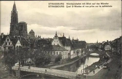 Ak Strasbourg Straßburg Elsass Bas Rhin, Nikolausstaden mit Blick auf das Münster