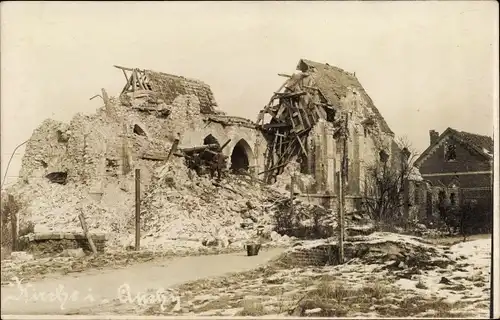Foto Ak Auchy les Hesdin Pas de Calais?, Zerstörte Kirche, Ruine, Kriegszerstörung 1. WK