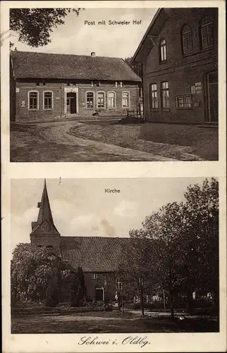 Ak Schwei in Oldenburg Stadland Niedersachsen, Post mit Schweler Hof, Kirche