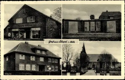 Ak Schwei in Oldenburg Stadland Niedersachsen, Schule, Kaufhaus Oeltjen, Ehrenmal, Kirche