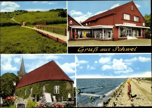 Ak Schwei in Oldenburg Stadland Niedersachsen, Geschäft, Landschaft, Kirche, Strandpartie