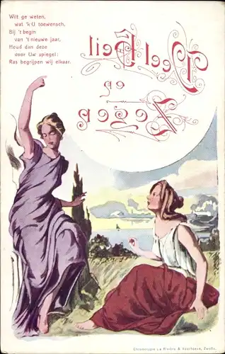 Litho Wilt ge weten, wat 'k U toewensch, Landschaft, zwei Frauen, Veel Heil en Zegen,Spiegelverkehrt