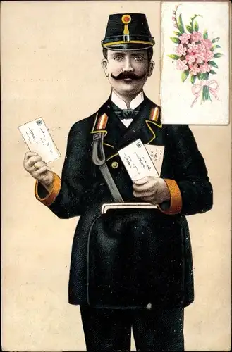 Ak Postbote mit Briefen, Blumen