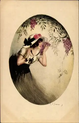 Künstler Ak Frau mit Hut riecht an einer Blüte