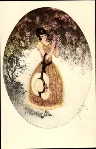 Künstler Ak Hardy, Jean, Art Deco, Frau unter einem Blütenbaum