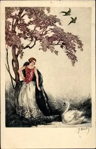 Künstler Ak Hardy, Jean, Art Deco, Frau mit Schwan