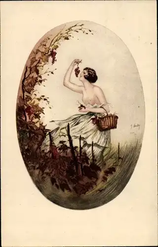 Künstler Ak Hardy, Jean, Art Deco, Barbusige Frau bei der Weinlese