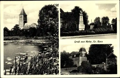 Ak Mehr Rees am Niederrhein, Kriegerdenkmal, Schloss Bellinghoven, Katholische Kirche
