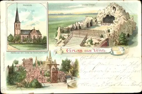 Litho Venn Mönchengladbach am Niederrhein, Pfarrkirche, Lourdes Grotte, Restauration Loers