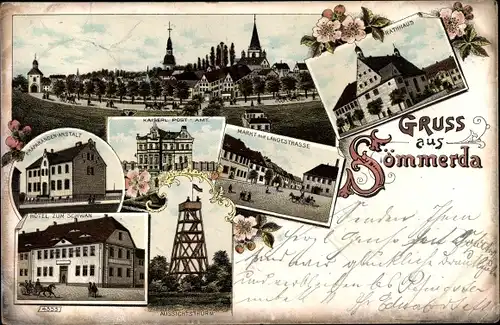 Litho Sömmerda in Thüringen, Rathaus, Postamt, Präparandenanstalt, Hotel zum Schwan, Markt, Turm