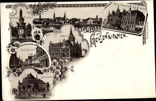 Litho Gelsenkirchen im Ruhrgebiet, Bahnhofstraße, Krieger Denkmal, Panorama, Post