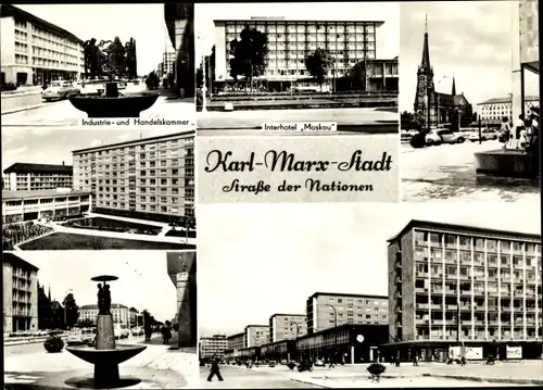 Ak Karl Marx Stadt Chemnitz, Str. d. Nationen Interhotel Moskau, Brunnen, Industrie u. Handelskammer