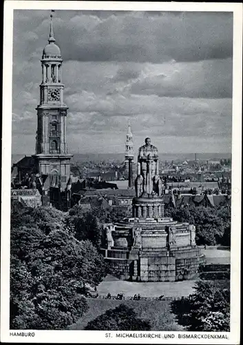 Ak Hamburg Mitte St. Pauli, Bismarckdenkmal, St. Michaelis Kirche