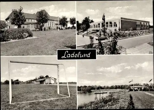 Ak Ladelund in Nordfriesland, Sportplatz, Schule, Flusspartie