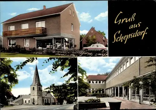 Ak Schepsdorf Lingen im Emsland, Wohngebäude, Kirche, Stadtpartie