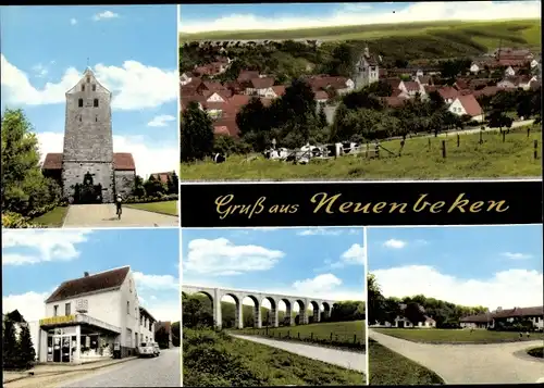 Ak Neuenbeken Paderborn, Bäckerei Lebensmittel B. Figge, M. Amedick, Kirche, Brücke, Ortsansicht