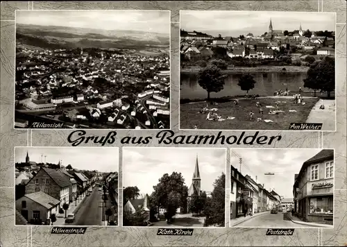 Ak Baumholder im Westrich,Teilansicht, Am Weiher, Straßenpartie, Kath.Kirche, Poststraße