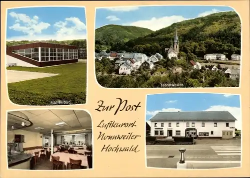 Ak Nonnweiler Saarland, Pension "Zur Post", Hallenbad, Kirche, Straßenpartie