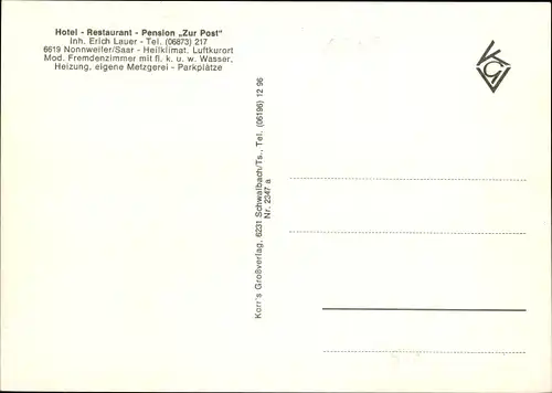 Ak Nonnweiler Saarland, Pension "Zur Post", Hallenbad, Kirche, Straßenpartie