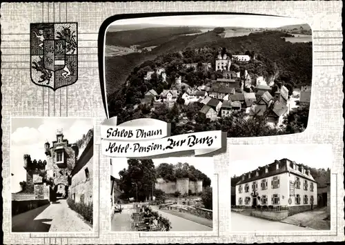 Ak Dhaun im Hunsrück, Vogelschau, Straßenpartie, Schloss Dhaun, Hotel "Zur Burg", Wappen