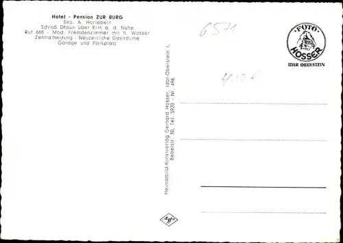 Ak Dhaun im Hunsrück, Vogelschau, Straßenpartie, Schloss Dhaun, Hotel "Zur Burg", Wappen