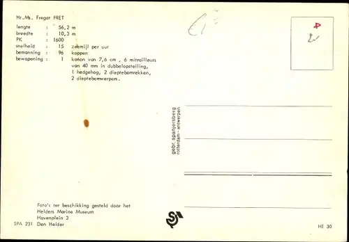 Ak Niederländisches Kriegsschiff, Fret, F 818, Fregatte