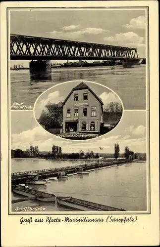 Ak Pfortz Maximiliansau Wörth am Rhein, Schiffbrücke, Gasthaus zum Goldenen Kreuz, Rheinbrücke