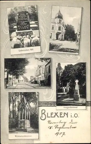 Ak Blexen Nordenham in Oldenburg, Kriegerdenkmal, Straßenpartie, Gedenkstein