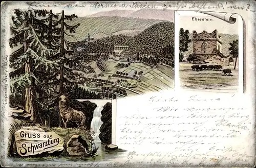 Litho Schwarzburg im Schwarzatal Thüringen, Eberstein, Ortschaft mit Landschaftsblick