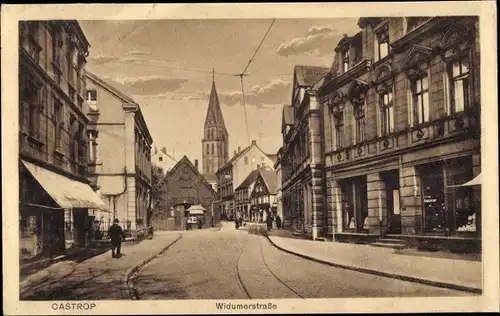 Ak Castrop Rauxel, Blick in die Widumerstraße, Straßenbahngleise, Kirche, Geschäfte