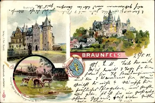 Litho Braunfels im Lahn Dill Kreis, Schloss Hotel, Hirschgruppe aus dem Tiergarten