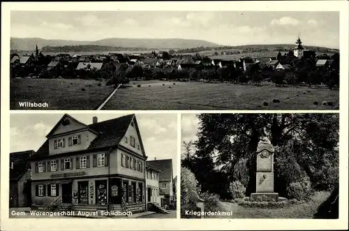 Ak Willsbach Obersulm im Landkreis Heilbronn, Gesamtansicht, Geschäft A. Schildbach, Kriegerdenkmal