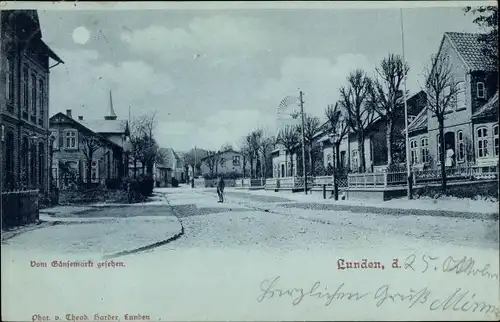 Mondschein Ak Lunden in Dithmarschen, Blick vom Gänsemarkt aus, Abend