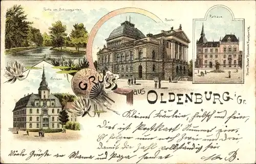 Litho Oldenburg im Großherzogtum Oldenburg, Schlossgarten, Theater, Rathaus, Schloss