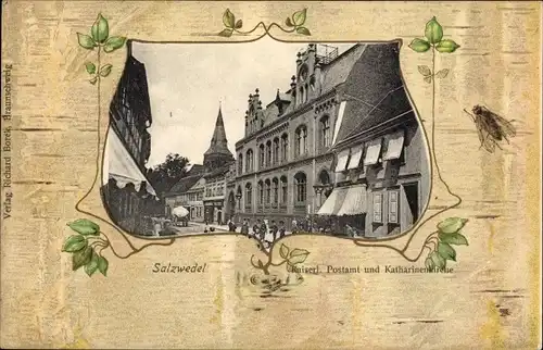 Passepartout Ak Salzwedel in der Altmark, Postamt und Katharinenkirche, Fliege