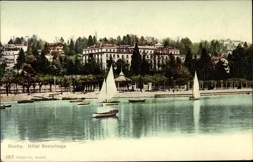 Ak Ouchy Lausanne Kanton Waadt, Hôtel Beaurivage, Seeblick, Segelboote