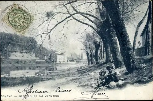 Ak Geneve Genf Stadt, Sentier de la Jonction, Blick zur Stadt, Kinder am Ufer