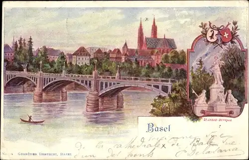 Litho Bâle Basel Stadt Schweiz, Brücke, St. Jakob-Denkmal, Wappen