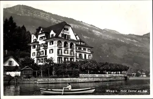 Ak Weggis Kanton Luzern, Hotel Central, Ruderboot